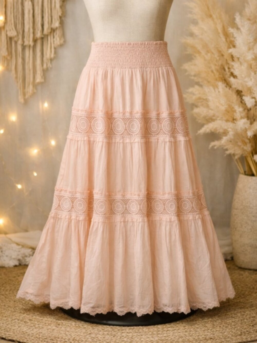 Venus Peach Lace Tiered Maxi Skirt Plus 2X Boho Cottagecore Festival Prairie